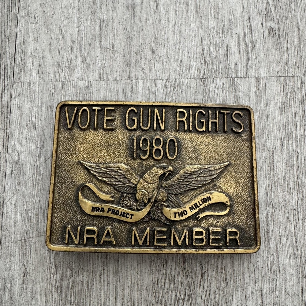 Vintage 1980 HJ NRA Member Belt Buckle Gold Vote Gun Rights Project Two Million